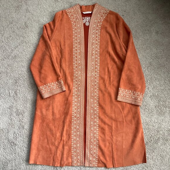Soft Surroundings Jacket Womens XL Orange Long Embroidered Boho Festival Sueded - Picture 3 of 8